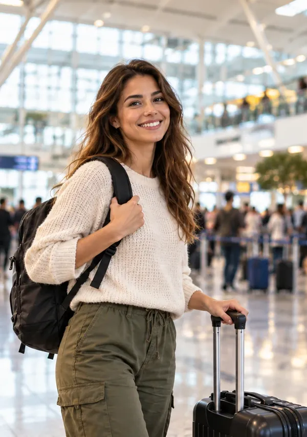 A smiling traveller with a backpack and a suitcase in an airport.